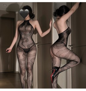 FEE ET MOI - Sheer Snake-Pattern Jacquard Bodystocking (Black)